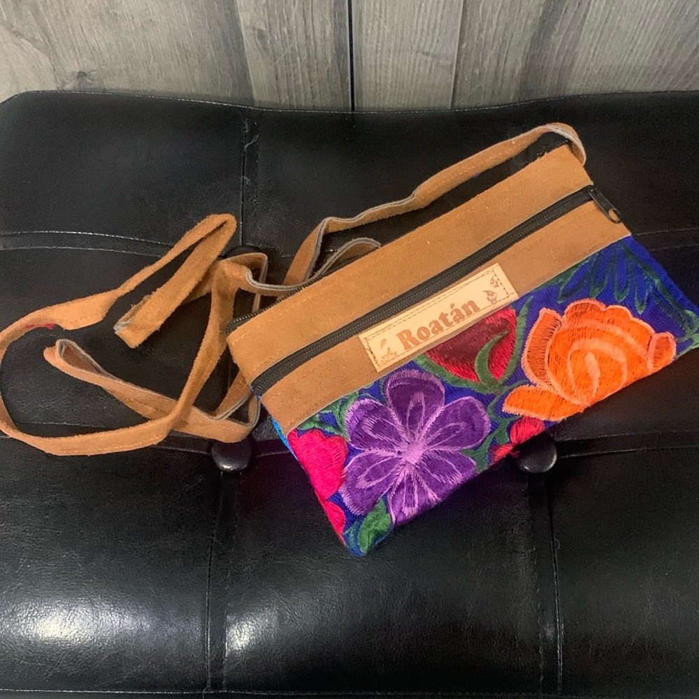 Blue Canvas Bright Floral Embroidered Small Purse or Zippered Clutch From Roatan